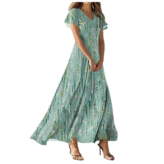 vigerkar Sun Dresses for Women 2025 Vacation V Neck Flowy Boho Floral Maxi Dress Summer Casual Short Sleeve Swing Dress Green, L