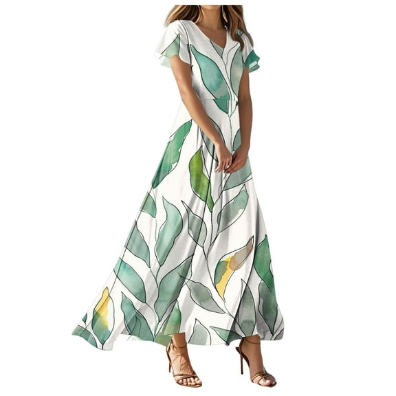 vigerkar Sun Dresses for Women 2025 Vacation V Neck Flowy Boho Floral Maxi Dress Summer Casual Short Sleeve Swing Dress Light Green, XL