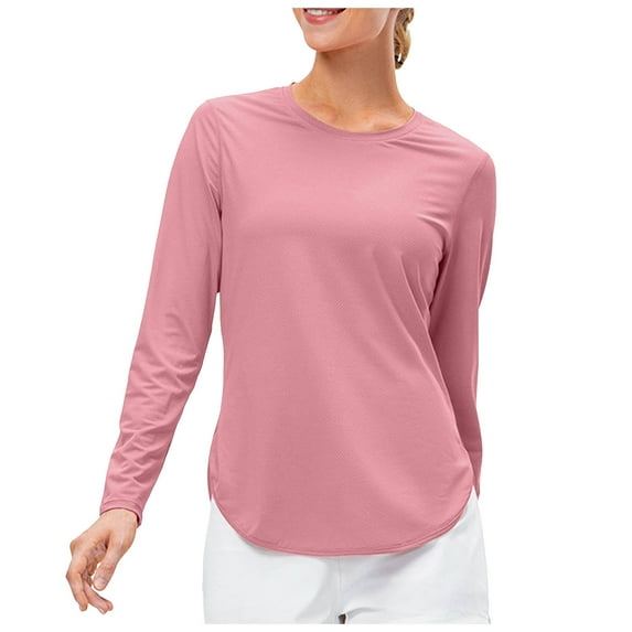 vigerkar Sun Protection Long Sleeve Shirts for Women, UPF 50+ UV Rash Guard Swim Shirt, Workout Hiking Running Athletic Tops Pink, XL