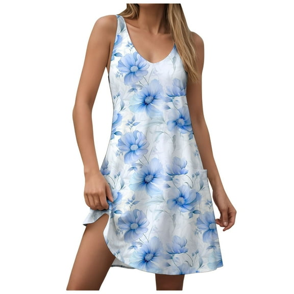 vigerkar Sundresses for Women 2025 Casual Loose U Neck Sleeveless Flowy Beach Dresses with Pockets Summer Cover Up Clothes Blue, 3XL
