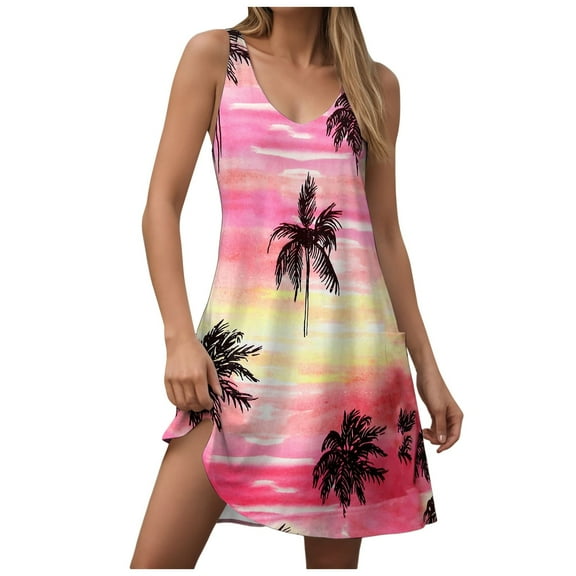 vigerkar Sundresses for Women 2025 Casual Loose U Neck Sleeveless Flowy Beach Dresses with Pockets Summer Cover Up Clothes Pink, 3XL