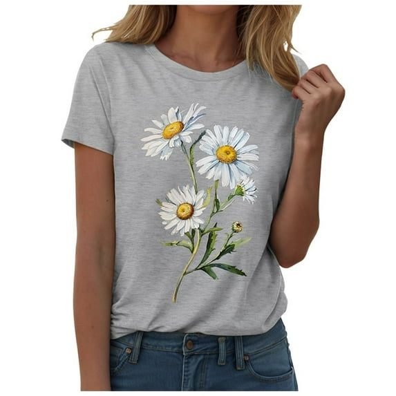 vigerkar Sunflower Graphic Summer T Shirt Plus Size Loose Blouse Tops Girl Short Sleeve Cute Casual Tees Light Gray, S