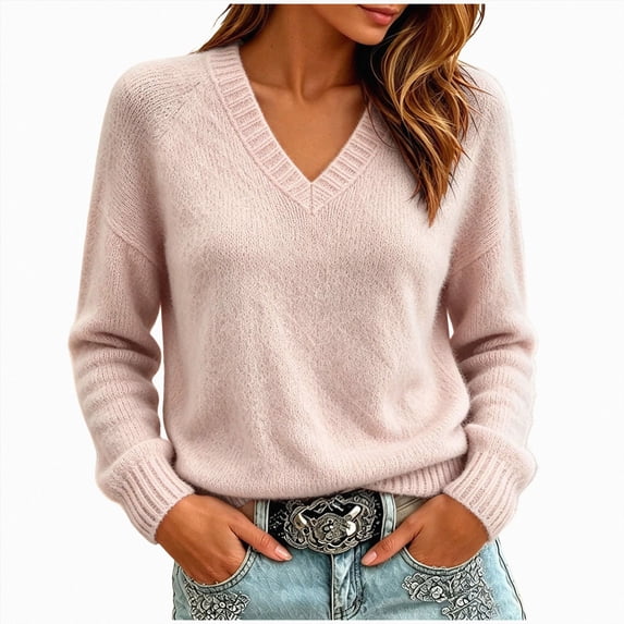 vigerkar Sweaters Women V Neck Warm Knit Wool Pullover Sweater, 2026 Soft Wool Blend, Lightweight Loose Fit, Casual Long Sleeve Ribbed, Daily Office Layering Essential (Pink, XL)