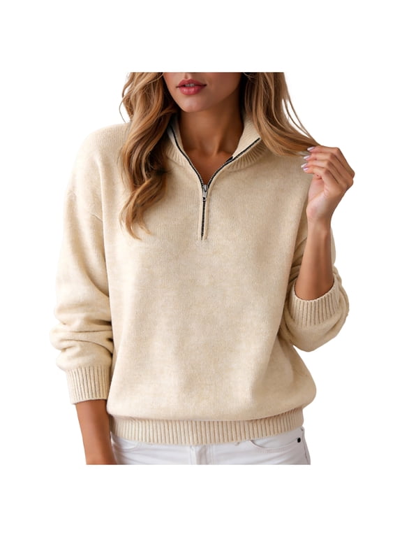 Sweaters for Women Half Zip Pullover Tops Cozy Polo V Neck Wool Shirts Lightweight Sweatshirts (Beige, XL)