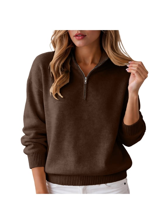 Sweaters for Women Half Zip Pullover Tops Cozy Polo V Neck Wool Shirts Lightweight Sweatshirts (Coffee, M)