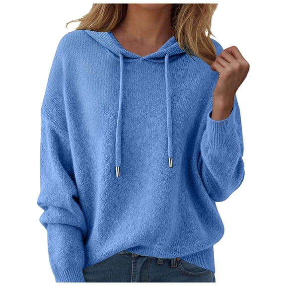 vigerkar Sweaters for Women Solid Color Hooded Sweater Lightweight Pullover Fall Winter Tops (Blue, L)
