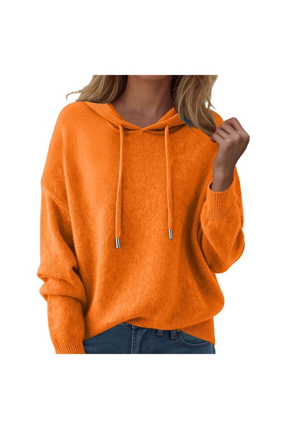 Sweaters for Women Solid Color Hooded Sweater Lightweight Pullover Fall Winter Tops (Orange, XL)