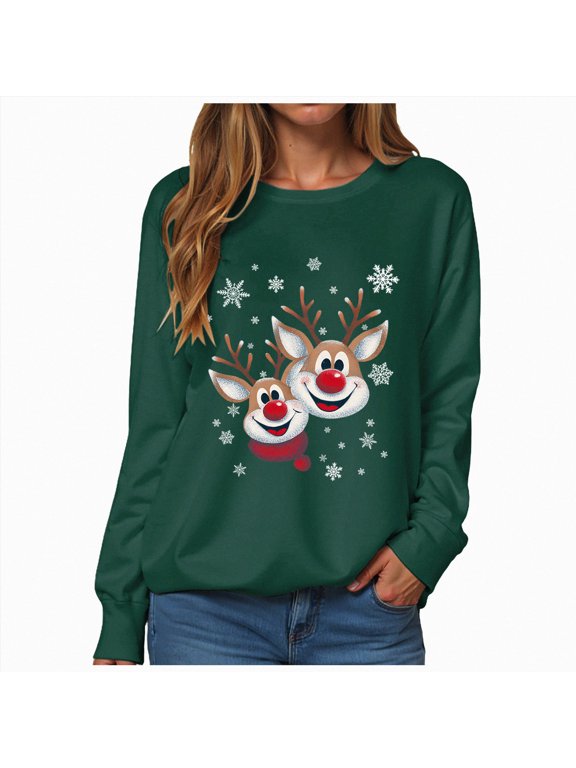 Sweatshirts for Women Christmas Graphic Long Sleeve Sweatshirt, Ugly Christmas Sweaters Oversized Merry Christmas Shirt Xmas Crewneck Tops (Green, S)