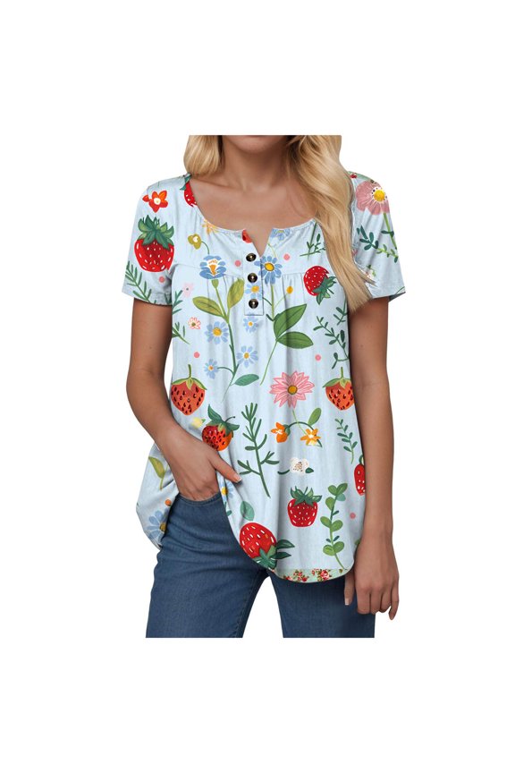 T Shirt Women Tunics Top Loose Causal V Neck Button up Swing Plated Blouse (Sky Blue, L)