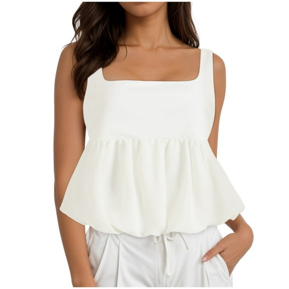 vigerkar Tank Tops for Women Sleeveless Square Neck Ruffle Hem Y2k Summer Cute Slim Fit Business Casual Blouses White, S