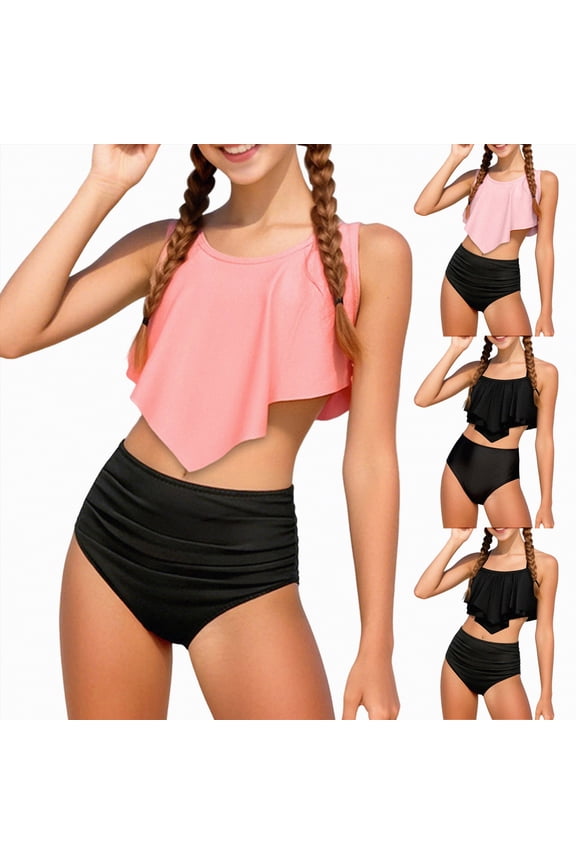 Tankini Swimsuits for Girls High Waisted Bikini Sets Two Piece Bathing Suits Tummy Control Swimwear (Black, 11-12 Years)