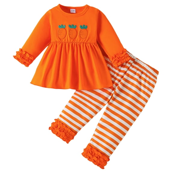 vigerkar Toddler Baby Girl Easter Outfit Carrot Smocked Long Sleeve Tunic Dress Shirt Top Stripe Bell Bottom Pants Set (Orange, 18-24 Months)