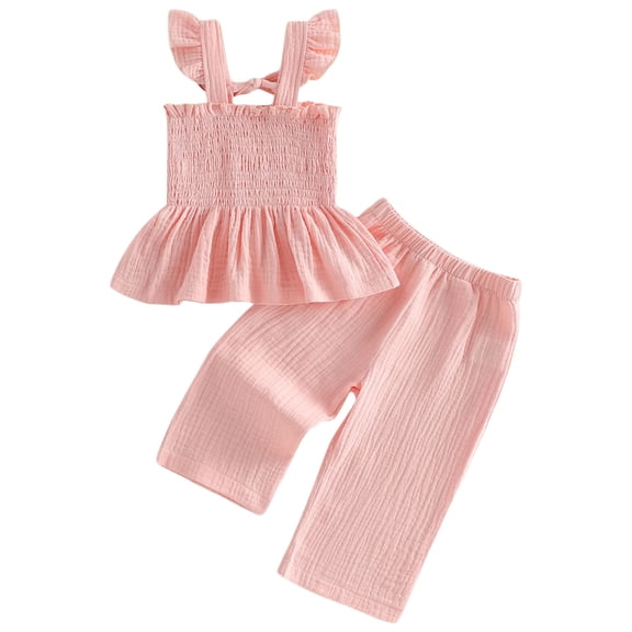 vigerkar Toddler Baby Girl Outfits Fly Sleeve Smocked Tank Tops Long Pants 2Pcs Summer Clothes Set (Red, 2-3 Years)