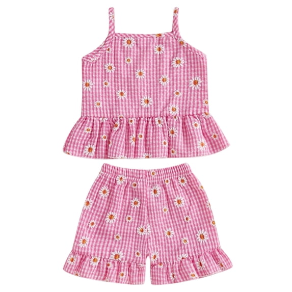vigerkar Toddler Baby Girl Summer Clothes Sleeveless Daisy Print Tank Top T-shirt Ruffle Stretch Plaid Shorts Set 6M-4T (Hot Pink, 18-24 Months)