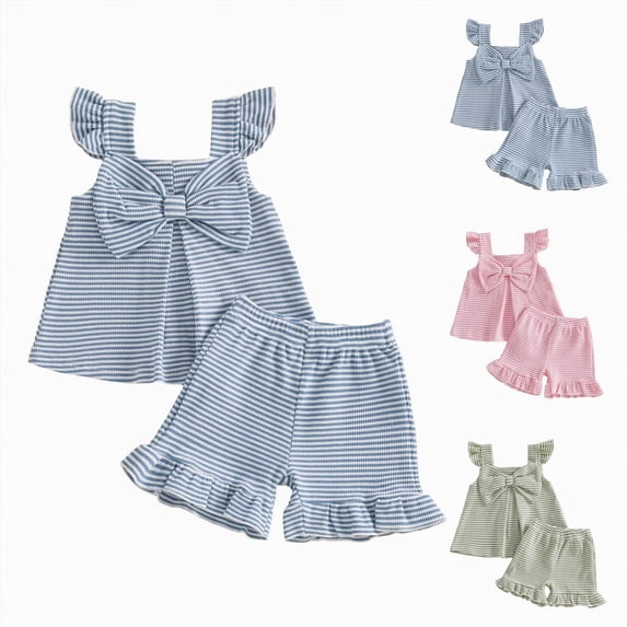 vigerkar Toddler Baby Girl Summer Outfit Cute Bow Flutter Sleeve Striped Ruffle Tops Dress Shorts Outfits Set 6M-4T (Light Green, 6-12 Months)