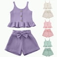 thumbnail image 1 of vigerkar Toddler Baby Girl T Shirt Shorts Set Waffle Bow Sleeveless Slip Ruffle Tops Matching Outfit Spring Summer Clothes (Green, 3-4 Years), 1 of 9