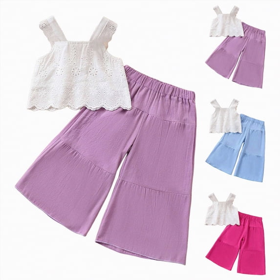 vigerkar Toddler Baby Girls Summer Outfit Sleeveless Lace Embroidery Clothes Toddler Kids Tank Tops Palazzo Pants Set (Sky Blue, 5-6 Years)