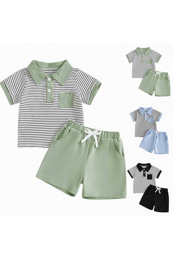 Toddler Boy Summer Clothes Striped Short Sleeve Button Shirt Tops Solid Shorts Set 2Pcs Casual Outfit with Pockets (Black, 4-5 Years)