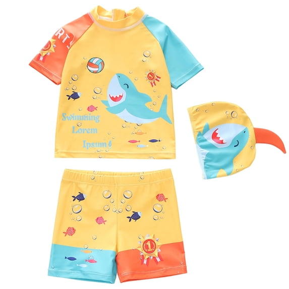 vigerkar Toddler Boys Swimsuit Set Rash Guard Boys' Swimwear Two Piece Bathing Suit and Swim Trunk with Hat UPF 50+ 18M-8Y (Light Yellow, 5-6 Years)