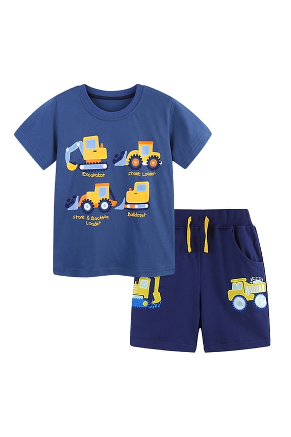 Toddler Boys T-Shirt Short Sleeve Shirt Cartoon Print Cotton Summer Tops Tees with Breathable Lightweight Shorts Matching Sets (Blue, 2-3 Years)