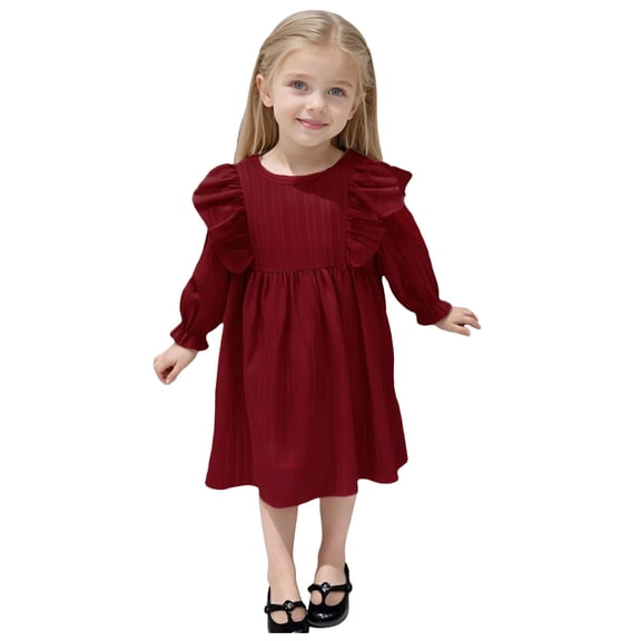 vigerkar Toddler Girl Dress Fall Ruffle Long Sleeve Baby Girl Solid Color Casual Dresses (Red, 6-7 Years)