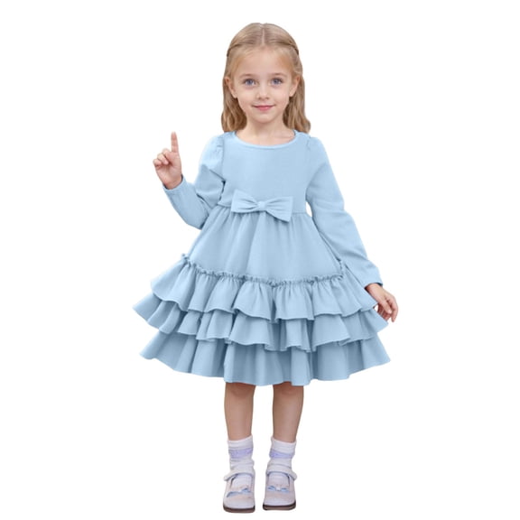 vigerkar Toddler Girl Dress Ruffle Ribbed Knit Long Sleeve Dresses A-Line Swing Fall Winter Bowknot Casual Cake Dress (Blue, 3-4 Years)