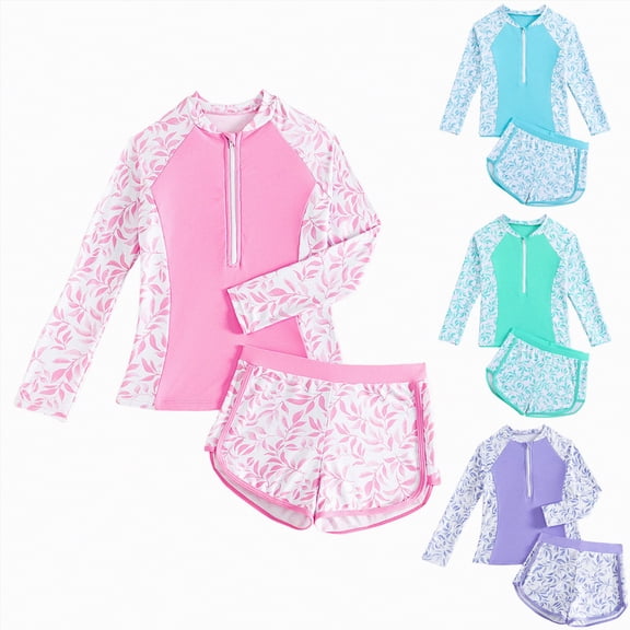 vigerkar Toddler Girls Long Sleeve Swimsuits Girl Swimwear Little Girls Swimsuits 2 Pieces Toddler Rash Guard Swimsuit Print (Blue, 10-11 Years)