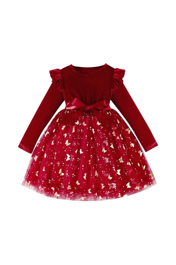 Toddler Girls Tutu Dresses Velvet Tulle Dress with Sequin Long Sleeve Holiday Party Fall Winter Dress 2-4Y (Wine, 2-3 Years)