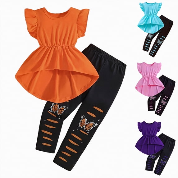 vigerkar Toddler Kid Girl Clothes Ruffle Sleeve High Low Top and Pants Fall Spring Outfit Set (Orange, 18-24 Months)