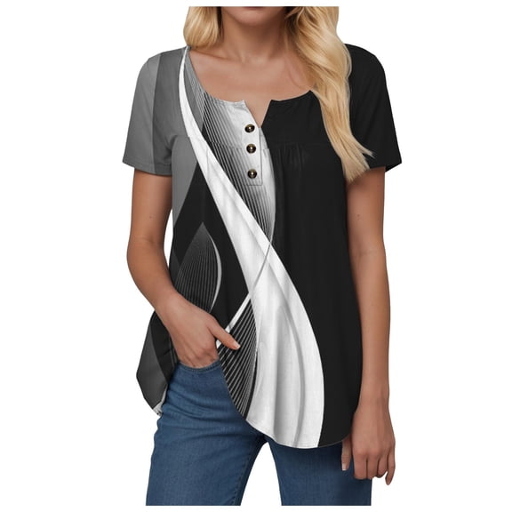 vigerkar Tops for Women Summer Ethnic Floral Classy Oversized T Shirts Short Sleeve Blouses & Button-Down Shirts Black, S