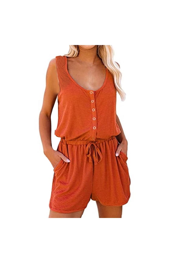 Tshirt Rompers for Women 2025 Summer Casual Shorts Jumpsuit Plain Scoop Neck Button Down Sleeveless Tank Top Rompers Orange, XXL