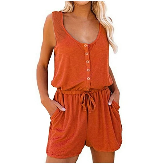 vigerkar Tshirt Rompers for Women 2025 Summer Casual Shorts Jumpsuit Plain Scoop Neck Button Down Sleeveless Tank Top Rompers Orange, XXL