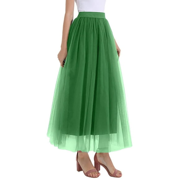 vigerkar Tulle Skirts for Women High Waisted A Line Tiered Layered Mesh Maxi Skirt Petticoat Pull On Elastic Costume Green, M