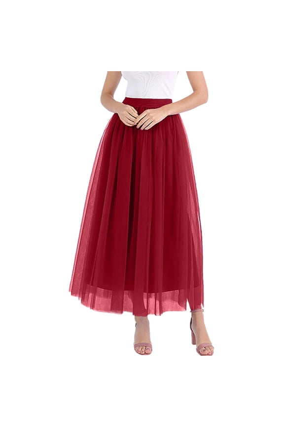 Tulle Skirts for Women High Waisted A Line Tiered Layered Mesh Maxi Skirt Petticoat Pull On Elastic Costume Red, S