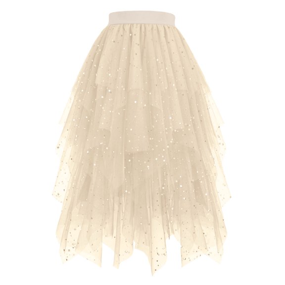 vigerkar Tulle Skirts for Women Mesh Tiered Layered Tutu Skirt, High Low Elastic Waist Party Midi Tulle Skirt 2025 Beige, M