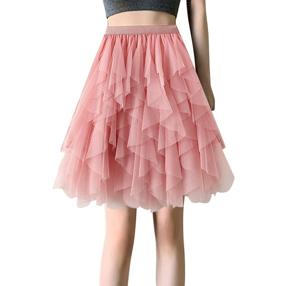 vigerkar Tulle Skirts for Women Midi Fairy Skirt Tutu A-Line Mesh Layered High Elastic Waist Skirts Pink, One Size