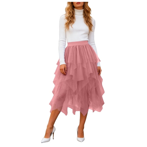 vigerkar Tulle Skirts for Women Midi Long Skirt Tutu A-Line Mesh Layered High Elastic Waist Skirts (Light Pink, L)