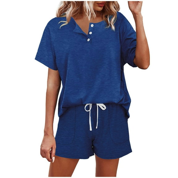 vigerkar Two Piece Outfits for Women Lounge Sets Button Down Top and Shorts Set Sweatsuits with Pockets Blue, XL