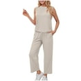 thumbnail image 1 of vigerkar Two Piece Sets for Women Summer Outfits Lounge Sets Mock Neck Tops Wide Leg Crop Pants Vacation Travel Outfits (Beige, L), 1 of 7