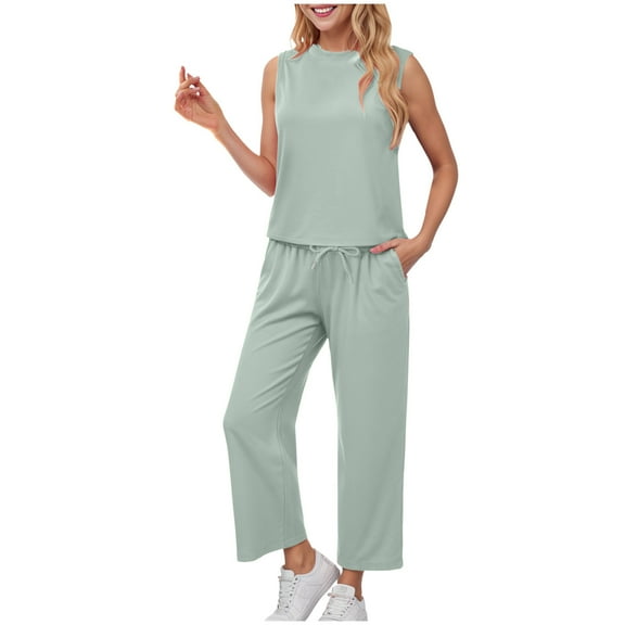 vigerkar Two Piece Sets for Women Summer Outfits Lounge Sets Mock Neck Tops Wide Leg Crop Pants Vacation Travel Outfits (Green, L)