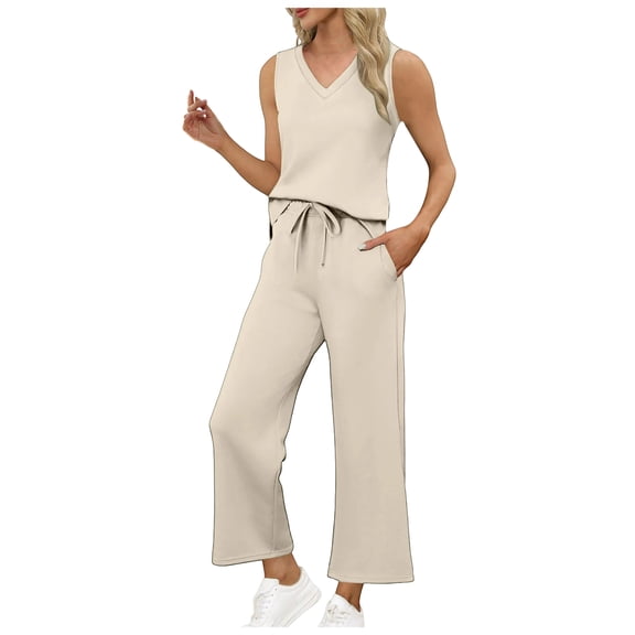 vigerkar Two Piece Sets for Women Summer Vacation Travel Outfits V Neck Lounge Matching Sets (Beige, S)