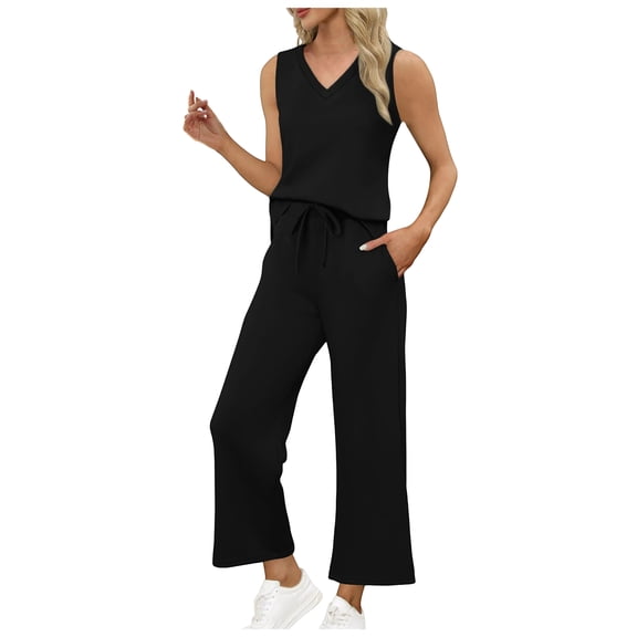 vigerkar Two Piece Sets for Women Summer Vacation Travel Outfits V Neck Lounge Matching Sets (Black, S)