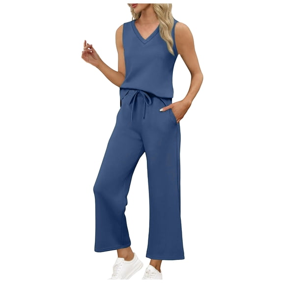 vigerkar Two Piece Sets for Women Summer Vacation Travel Outfits V Neck Lounge Matching Sets (Blue, M)