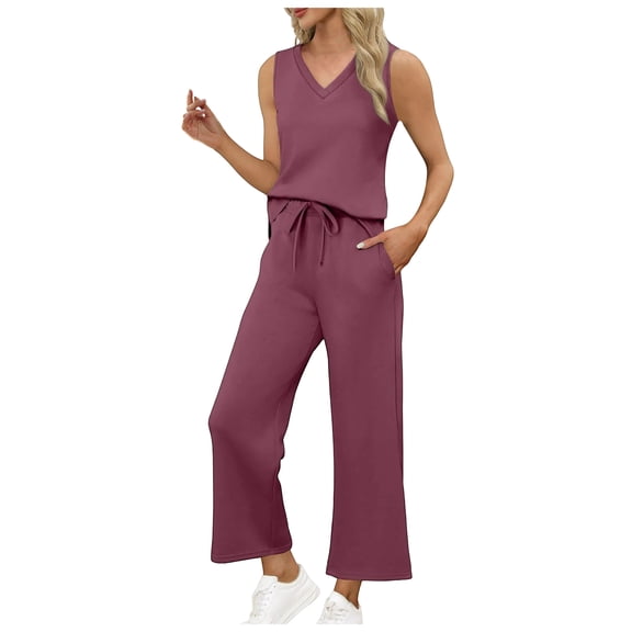 vigerkar Two Piece Sets for Women Summer Vacation Travel Outfits V Neck Lounge Matching Sets (Red, XXL)