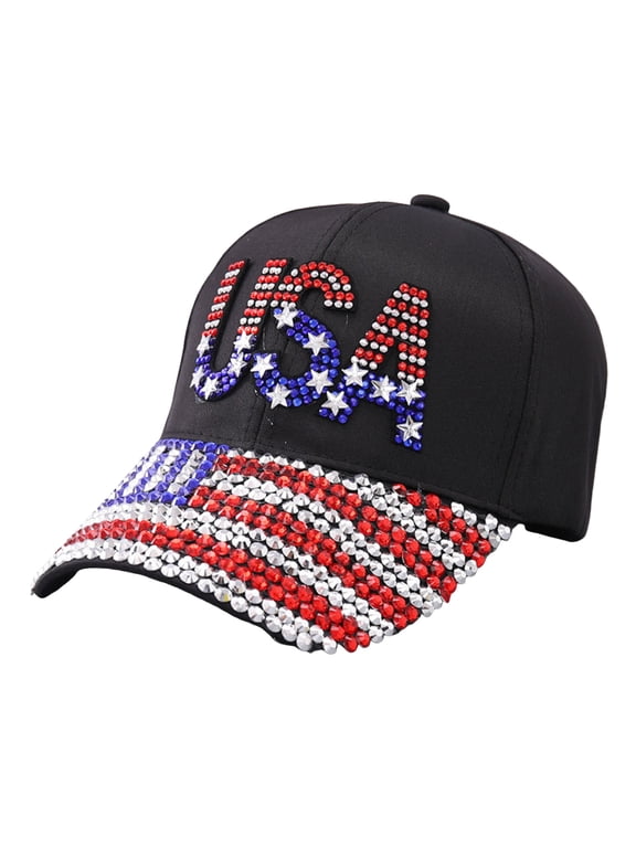 USA Rhinestone Baseball Cap - Patrioticic American Flag Bling Hat for Women Studded (B, One Size)