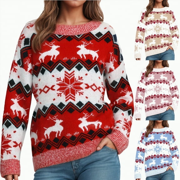vigerkar Ugly Christmas Sweaters for Women Holiday Funny Reindeer Long Sleeve Knitted Pullover Sweater Top (Pink, M)