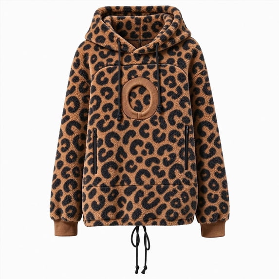 vigerkar Unisex Pet Pouch Hoodie Leopard Print Cat Carrier Sherpa Fleece Sweatshirt, Oversized Warm Pullover with Larger Pouch for Dog Puppy (Coffee, M)