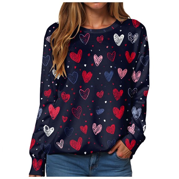 vigerkar Valentine Sweatshirts for Women Crewneck Long Sleeve Loose Fit Tops (Navy, S)