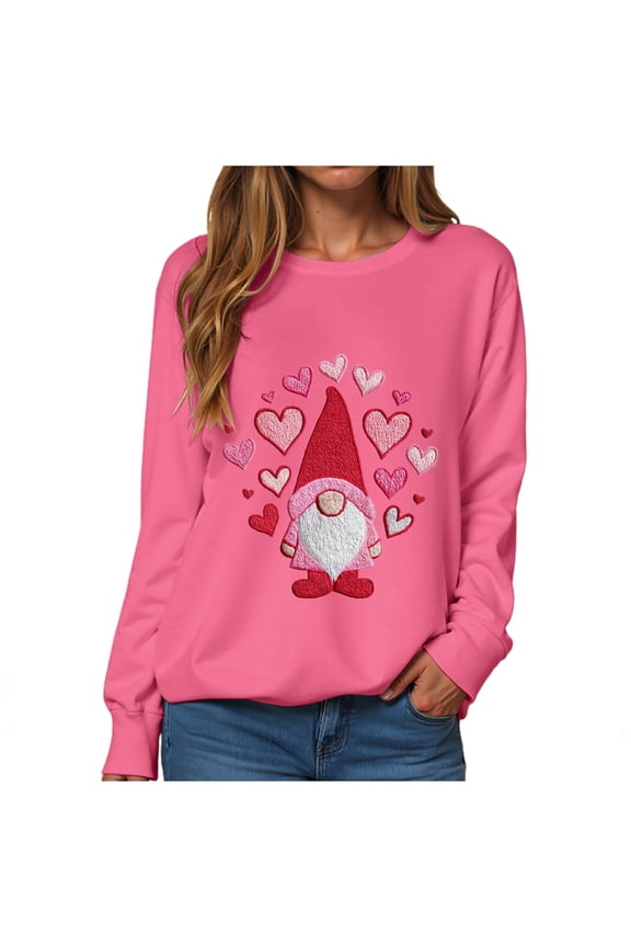 Valentines Sweatshirt Women Gnomes Shirts Love Heart Sweater Crewneck Long Sleeve Pullover Tops (Hot Pink, XXL)