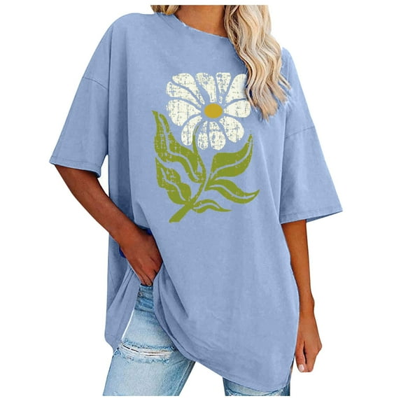 vigerkar Vintage Floral Shirts Women Boho Wildflowers T-Shirt Flower Graphic Tee Shirts Summer Nature Tshirts Tops Light Blue, XXL